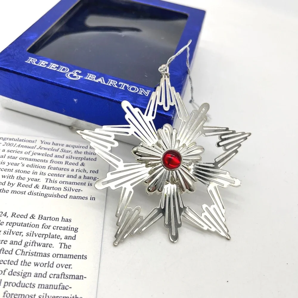 Reed & Barton 2001 Annual Jeweled Star Silverplated Christmas Ornament Red Stone